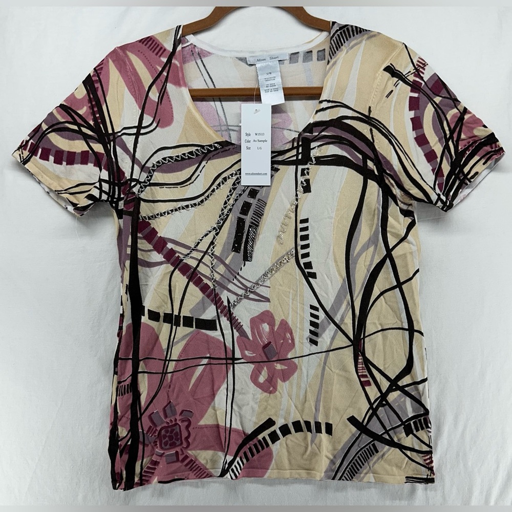 Alison Sheri Abstract Floral Bead Sequin Embellished Scoop Neck‎ T Shirt Size L